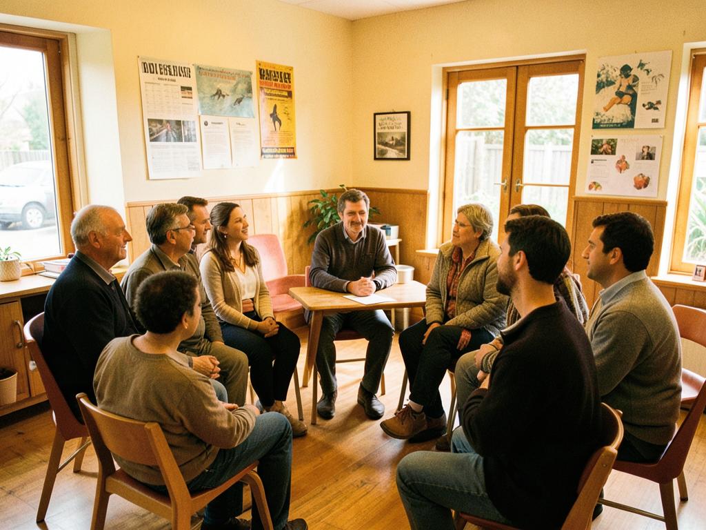 Un piccolo gruppo riunito in cerchio durante un incontro di comunità